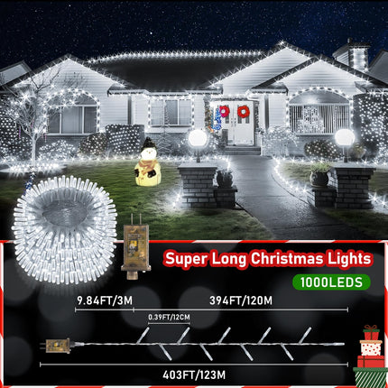 XURISEN d 403FT 1000 LED Christmas Lights Outdoor, Super Long String Lights 8 Modes & Memory Timer Plug in Fairy Lights for Home Xmas Tree Party Wedding Decor -Cool White