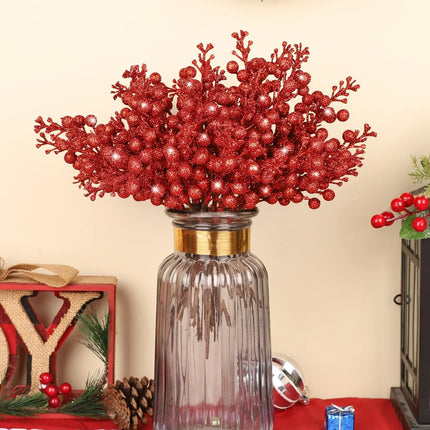 HOHOTIME 36Pcs Christmas Glitter Berries Stems, 9.5 Inch Artificial Christmas Tree Picks for Christmas Tree Decorations Ornaments DIY Crafts Vases Holiday Wedding Home Xmas Decor（Red