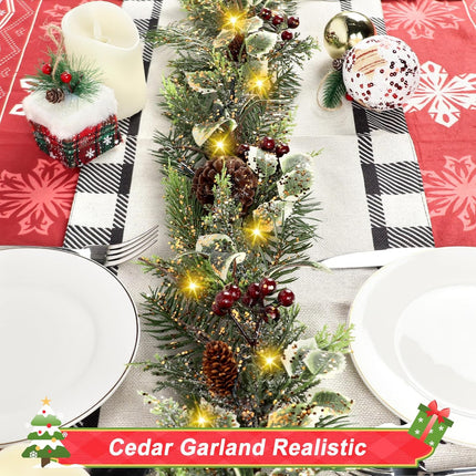 Artgar 6 Ft Christmas Garland, Pre-Lit Christmas Garland - Artificial Garland Christmas Decorations with 30 LED Lights Decorated with Pinecones, Berries for Mantels Dining Tables Porch Decor (Red)