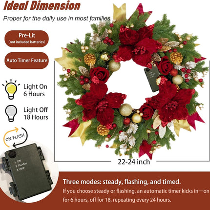 Christmas Wreaths for Front Door, Soomeir Outdoor Winter Wreaths, Large Welcome Wreath with Lights for Holiday Outside Indoors Office Mantle Window (Red Gold)