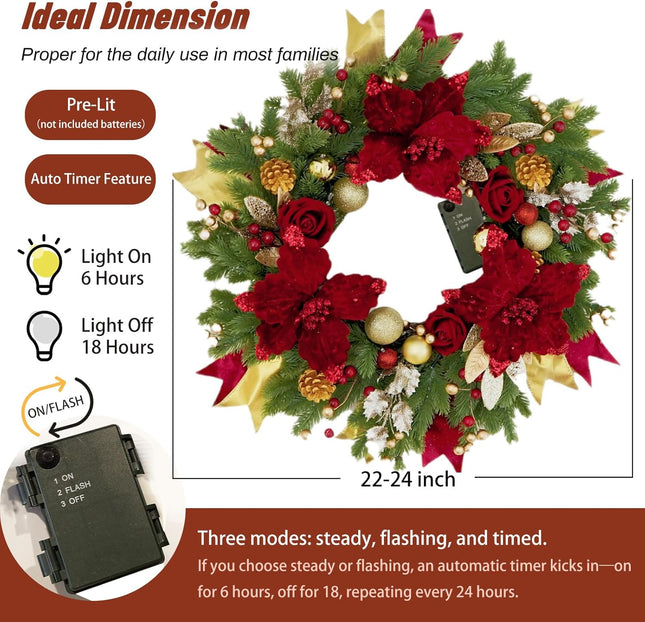 Christmas Wreaths for Front Door, Soomeir Outdoor Winter Wreaths, Large Welcome Wreath with Lights for Holiday Outside Indoors Office Mantle Window (Red Gold)