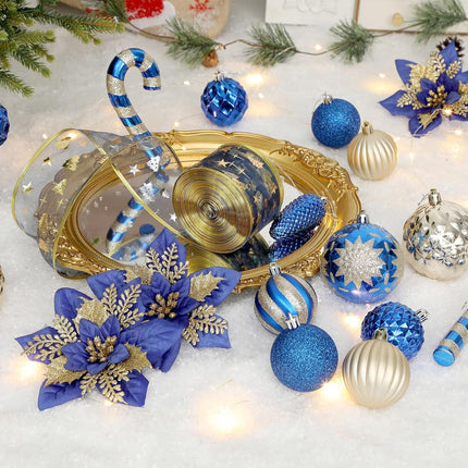 128pcs Christmas Balls Ornaments Set, Shatterproof Plastic Baubles Christmas Flower, Ribbon and Tree Topper for Xmas Tree Holiday Wedding Party Decorations with Hanging Strings, Blue and Gold