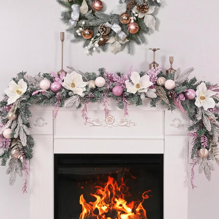 Christmas Garland - 5.9 Ft Christmas Garland for Mantle, Christmas Flocked Garlands with Magnolia Flower Christmas Balls Pink Gold Leaves for Outdoor Indoor Christmas Decor