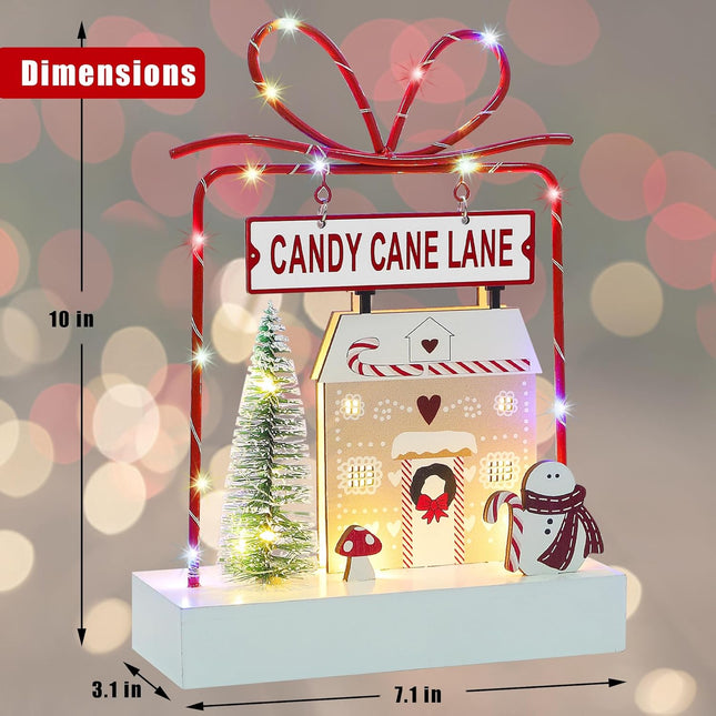 Lulu Home Christmas Tabletop Decoration, Wooden Pre-lit Xmas Candy Cane Lane Ornament with Metal Frame, Battery Operated LED Light Up Holiday Sign for Indoor Mantel Shelf Decor