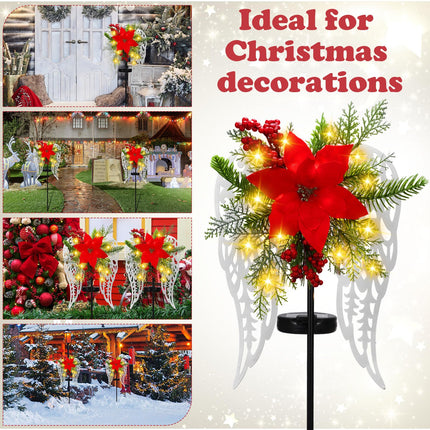 2 Pack Christmas Outdoor Decorations Solar Stake Lights, Led Angel Wings Metal Stakes with Big Poinsettia Flower, Grave Decorations Lighted Pathway Lights for Lawn Garden Cemetery Decorations