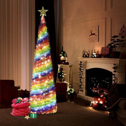 5FT Pop Up Christmas Tree with LED Lights and Tree Topper- Collapsible Artificial Tinsel Pencil Christmas Tree, Skinny Xmas Tree for Indoor Home Apartment Porch Holiday Party Decorations(Rainbow)