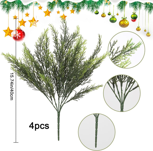 4 Pack Christmas Branches Artificial Pine Branches Cedar Branches for DIY Garland Wreath Xmas Indoor Outdoor Living Bedroom Fireplace Table Decorations (15.74")