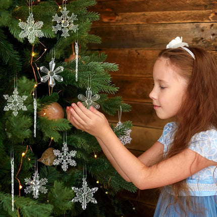 Snowflake Ornaments for Tree Decorations - 18Pcs Clear Glass Snowflake and Icicle Ornaments Set for Christmas Tree Winter Year Party Decor Supplies