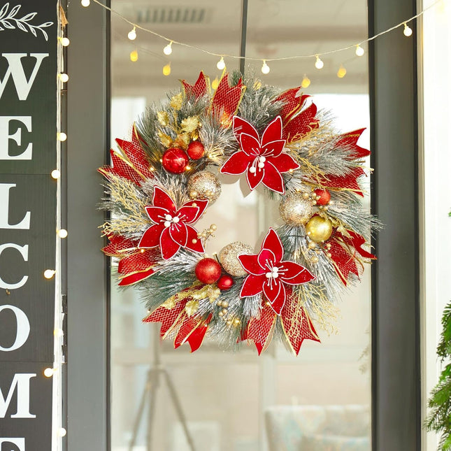 Christmas Wreath for Door, Soomeir Large Christmas Wreaths for Front Door, Lighted Decorations with Ball and Poinsettias, Pre-Lit Battery Operated Ornaments for Window Kitchen Fireplace