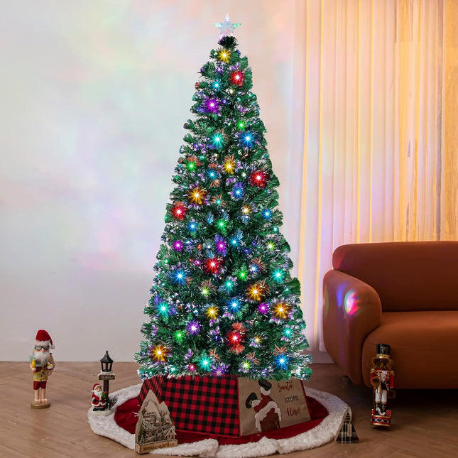Lulu Home Prelit Christmas Tree, 6FT Artificial Fiber Optic Tree with 270 Branches and Topper Star, 235 LED Colorful Lighted Xmas Green Pine Tree with Metal Stand for Indoor Outdoor Holiday Decoration