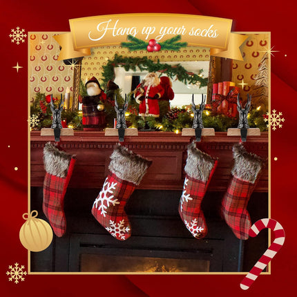 Christmas Stocking Holders for Mantle Set of 2, 3D Reindeer Xmas Fireplace Hanger Hooks Holiday Mantel Garland Clips Metal Grips Black