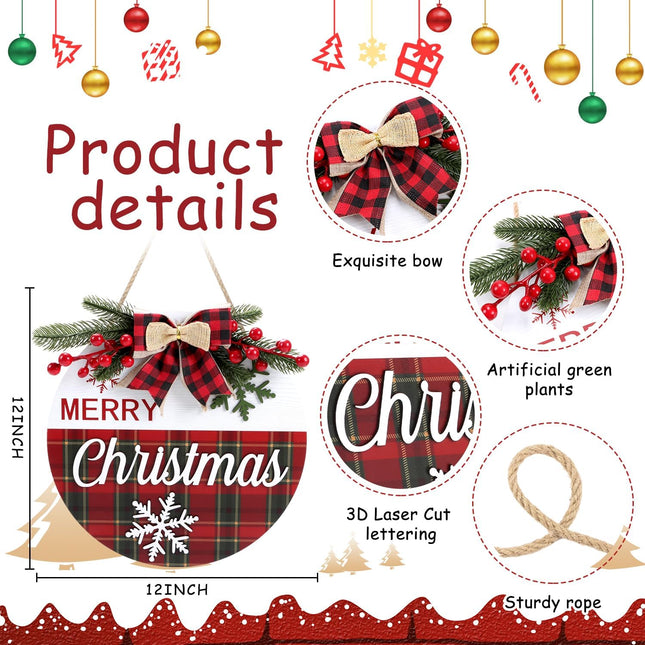 HOURIA 3D Merry Christmas Door Decorations with Snowflake Red Berries,Buffalo Plaid Christmas Wreath for Home Decor, 11.5" Inches Xmas Holiday Welcome Christmas Door Sign for Indoor Outdoor Party