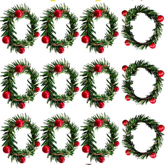 12PCS Christmas Napkin Rings Christmas Garland Napkin Holder Holly Berry Candle Wreath for Banquet Table Decorations