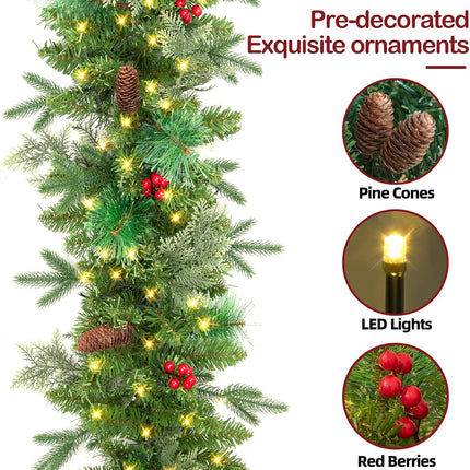 9FT Pre-Lit Artificial Christmas Garland with 50 LED Lights and Realistic Nordic Spruce and Scotch Pine Berries Pine Cones Xmas Garland for Mantle Stair Railing Indoor Outdoor