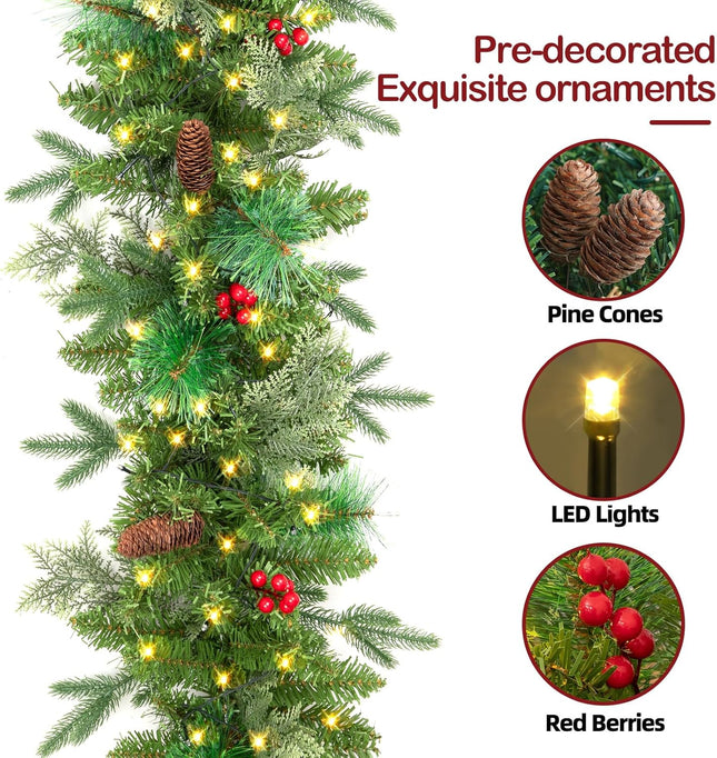 9FT Pre-Lit Artificial Christmas Garland with 50 LED Lights and Realistic Nordic Spruce and Scotch Pine Berries Pine Cones Xmas Garland for Mantle Stair Railing Indoor Outdoor