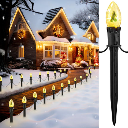 C9 Christmas Pathway Lights Outdoor, 25Ft 20 LED Christmas String Lights with Stakes, 4 Light Modes, Waterproof Connectable Christmas Decorations for Outside Lawn Yard Sidewalk Driveway, Warm White