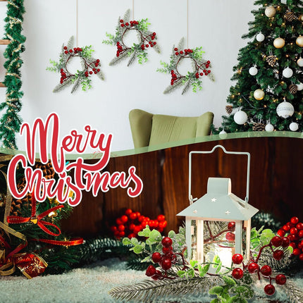 Sliner 6 Pcs Christmas Candle Rings Wreaths Decor Artificial Red Berries Snowy Pine Needles Candle Wreaths Hanging Garland Wreath Candle Holder for Pillars Kitchen Cabinet Home Table Centerpiece