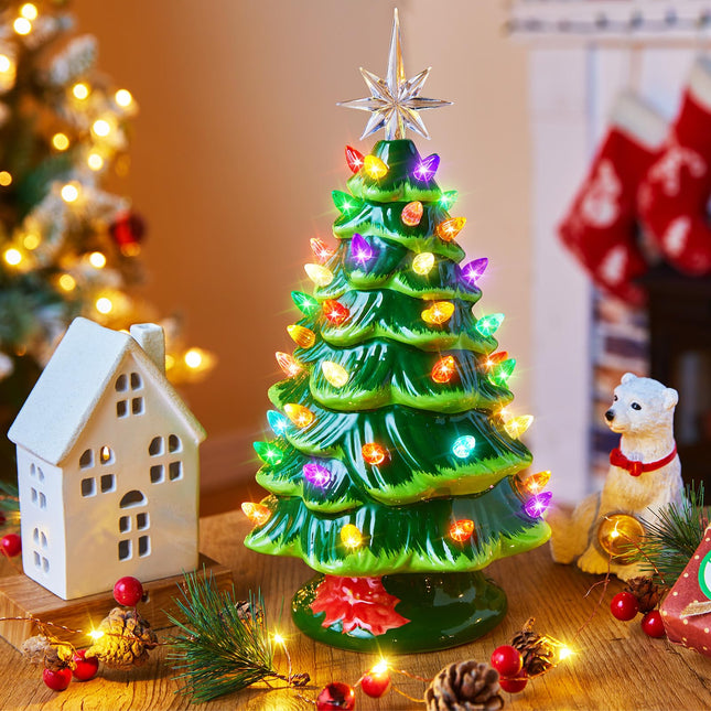 13 Inch Ceramic Christmas Tree, Pre-lit Tabletop Christmas Tree with Multicolored LED Lights and Star Topper, Battery Operated Vintage Lighted Ceramic Tree for Home Office Table Holiday Decorations