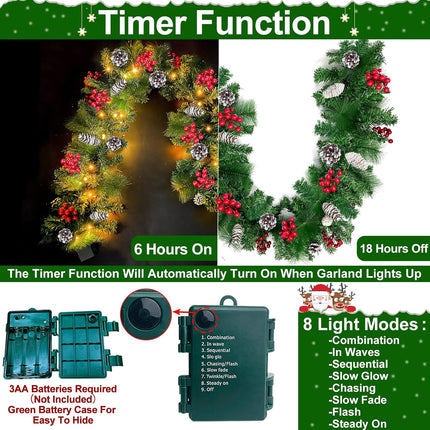 [ 2 Pack & Timer ] 9 Ft by 10'' Prelit Christmas Garland Decorations 100 LED Lights 8 Modes Battery Operated 300 Thick Tips 198 Red Berries 18 Pine Cones Xmas Garland Decor Indoor Outdoor Home Mantle
