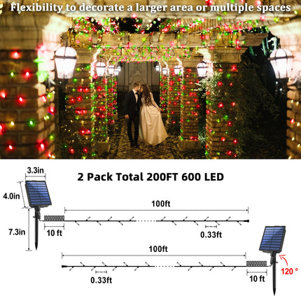 2-Pack 200FT Solar String Lights for Outside, 600 LED Extra-Bright Solar Light Outdoor with 19 Modes & Timer, Waterproof Fairy Solar Lights for Garden Patio Tree Christmas Decorations Red & Green