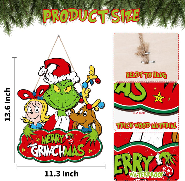 Grinchs Christmas Door Decorations Hanging Sign Christmas Wooden Door Sign Merry Grinch-mas Welcome Funny Xmas Holiday Wreath Sign for Christmas Tree, Door, Wall, Indoor Outdoor Home Party