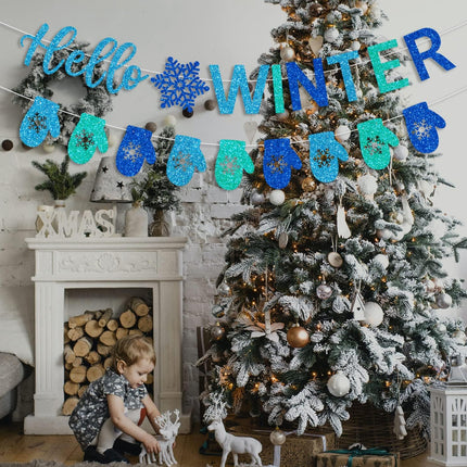 Glitter Hello Winter Banner with Snowflake Signs and Blue Glittery Gloves Banner Winter Snowflake Garland Banner Christmas Holiday Winter Wonderland Birthday Baby Shower Party Mantle Decorations