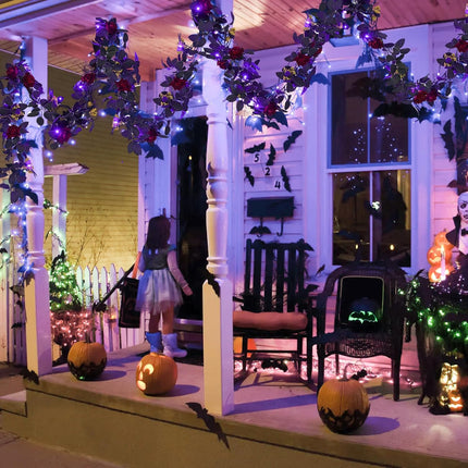 RECUTMS Halloween Flower Garland Decorations Rose Vines with Purple LED Artificial Vine Plants Flowers Wreaths Fake Flower Garland Fake Ivy Real Touch Silk Plastic Leaf for Wedding Home (Red)