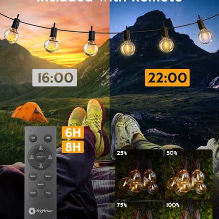 Brightown Outdoor String Lights with Remote, 38Ft(28+10) Patio Lights Outdoor Waterproof, String Lights for Outside with 15 Shatterproof LED Bulbs, Hanging Lights for Porch Balcony Bistro Cafe
