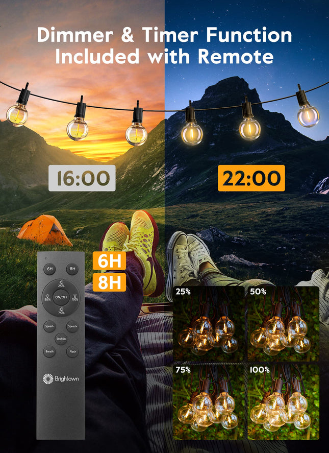 Brightown Outdoor String Lights with Remote, 38Ft(28+10) Patio Lights Outdoor Waterproof, String Lights for Outside with 15 Shatterproof LED Bulbs, Hanging Lights for Porch Balcony Bistro Cafe