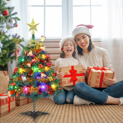 Mini Christmas Pine Tree, 24"/60cm Small Tabletop Artificial Xmas Tree with LED String Lights & Ornaments, Decor for Room and Office