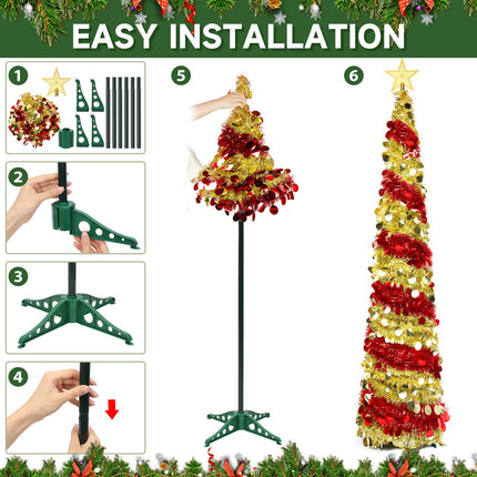 6FT Pop up Christmas Tree Collapsible Tinsel Christmas Tree Slim Shiny Sequins Xmas Tree with Topper Star, Artificial Easy-Assembly Reusable Xmas Tree for Holiday Indoor Home Party Decor(Red+Gold)