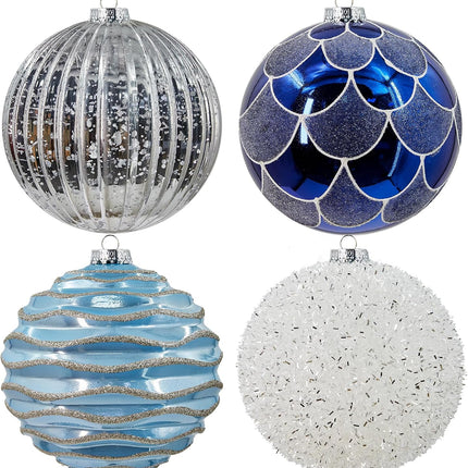 4Pcs Shatterproof Plastic Christmas Ornaments 6 Inch Extra Large Xmas Tree Ornaments Set with Lanyard for X-mas Party Wreath and Garlands Decorations, Silver & Blue
