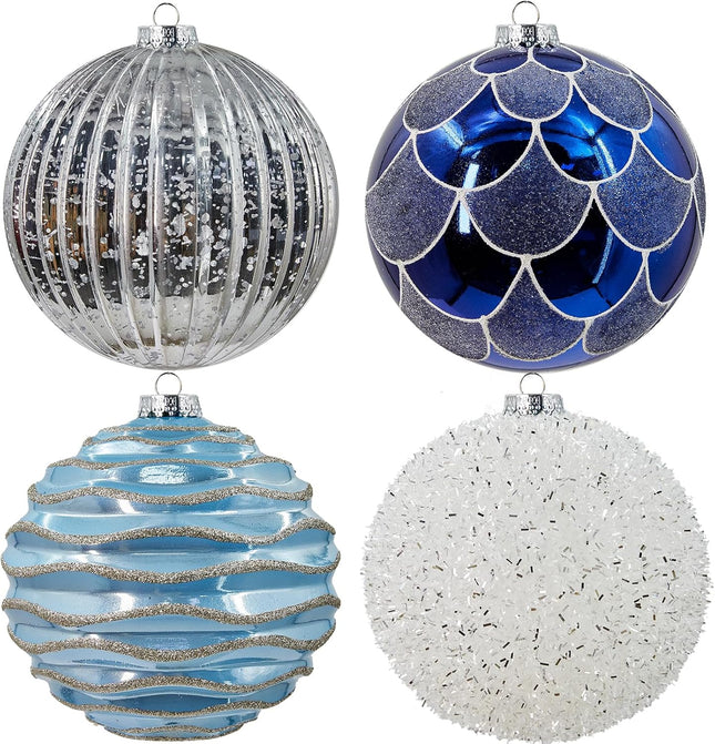 4Pcs Shatterproof Plastic Christmas Ornaments 6 Inch Extra Large Xmas Tree Ornaments Set with Lanyard for X-mas Party Wreath and Garlands Decorations, Silver & Blue