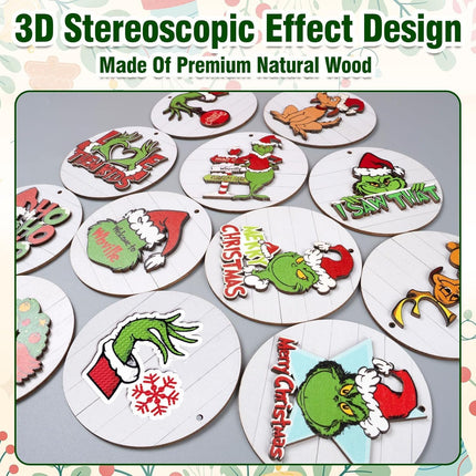 Christmas Ornaments Tree Decorations Set - 12pcs Green Wooden Round Ornaments Hanging Decorations for Christmas Tree Home Decor