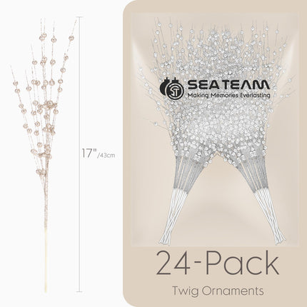 Sea Team 24-Pack Artificial Glitter Berry Stem Ornaments, Decorative Bead Sticks, Glittery Twigs, Picks, Branches for Christmas Tree, Small Vase, Holiday, Wedding, Party (17 Inches, Champagne)