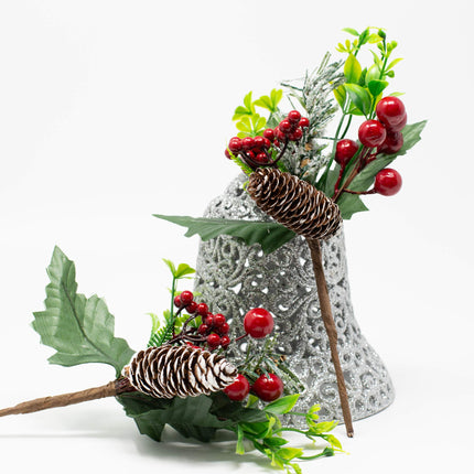 BANBERRY DESIGNS Holiday Christmas Berry Picks - 10 Pieces – Flexible Greenery Snow Tipped Pinecone Red Berries 9" L