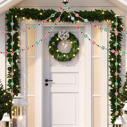 Whaline 9.8Ft Christmas Tree Candy Garland Fake Acrylic Peppermint Candy Christmas Garland Decoration Red White Green Candy Beaded Garland for Christmas Party Supplies Holiday Favors Xmas Home Decor
