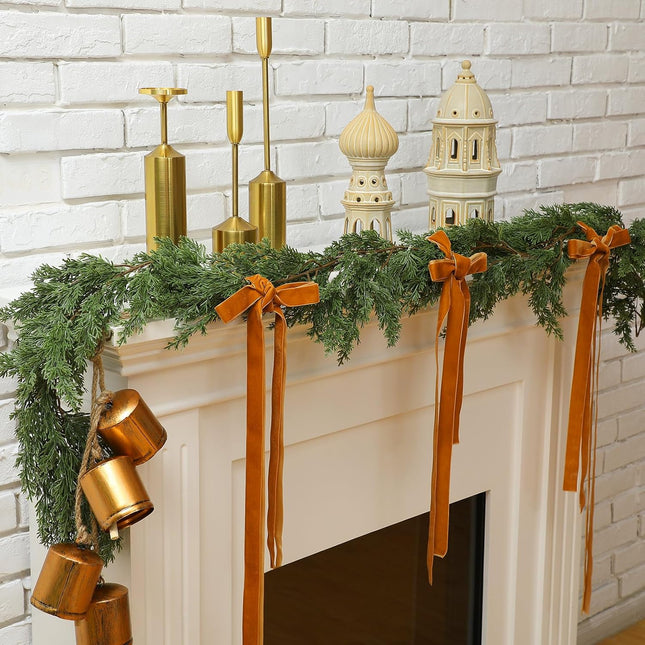 Oudain 6.56 FT Christmas Cedar Garland Artificial with 4 Metal Vintage Cow Bells on Rope and Velvet Ribbon Realistic Greenery Cypress Garland for Xmas Holiday Indoor Mantle Fireplace Decor