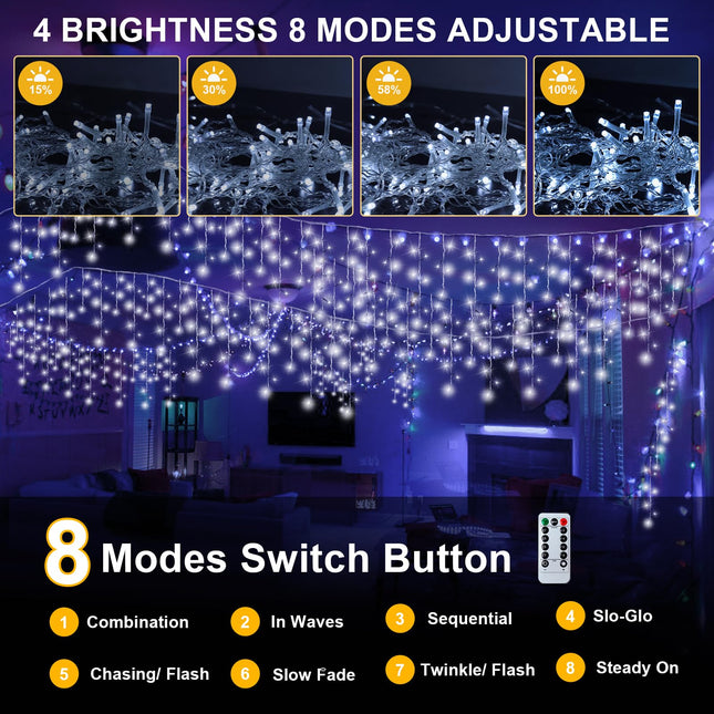 Icicle Lights for Outside 𝐰𝐢𝐭𝐡 𝐑𝐞𝐦𝐨𝐭𝐞, 32.8FT 432 LED 8 Modes Christmas Lights Outdoor with 85 Drops, Plug in Connectable Icicle lights Timer Waterproof for Christmas Decorations House Decor