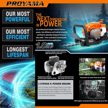 PROYAMA 24-Inch 26cc 2 Cycle Gas Powered Dual Sided Hedge Trimmer with Rotating Handle 2-Year Less Weight Less Fatigue Suitable for Gardener Professional Landscaper Home User
