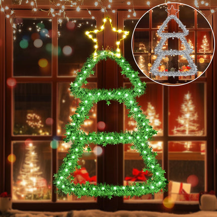 LED Christmas Decorations Lights, Green Lighted Christmas Tree with Silver Tinsel and Warm White Star Topper, Battery Operated Hanging Lights for Indoor Outdoor, Window Wall Door Home Decor