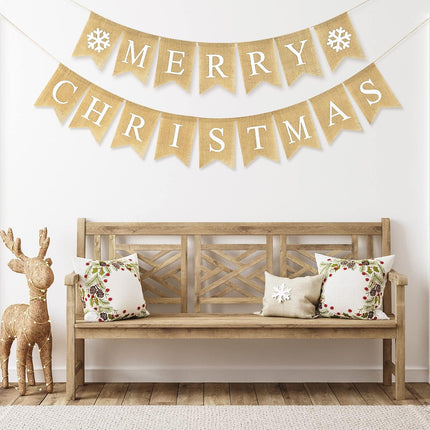 Whaline Merry Christmas Banner Burlap Christmas Fireplace Banner Christmas Wall Banners Snowflake Banner Bunting Garland Pre-Assembled Hanging Christmas Tree Decor for Christmas Party Supplies