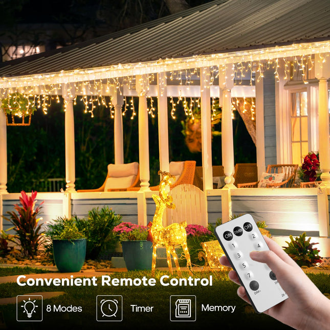 Christmas Icicle Lights Outdoor, 32.8FT 502 LED Warm White Lights for Outside, Plug in Connectable Twinkle Tree Lights 8 Modes Timer Waterproof for Roof Balcony Indoor Holiday Decorations
