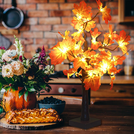 2 Pack Fall Lighted Maple Tree, 48 LED Lights, USB+Battery Operated 24-inch Thanksgiving Table Centerpieces Decoration Artificial Tree Fall Decorations for Office Home Tabletop Indoor Decor Kitchen
