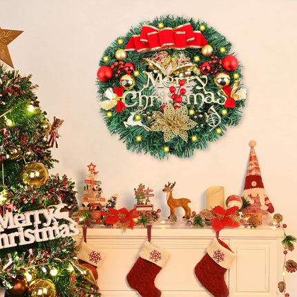 12inch Christmas Wreath with LED Light String, Luminous Wall Mount Door Wreath, Celebrating Holiday Merry Christmas Decoration for Outdoor Indoor Party Table Room