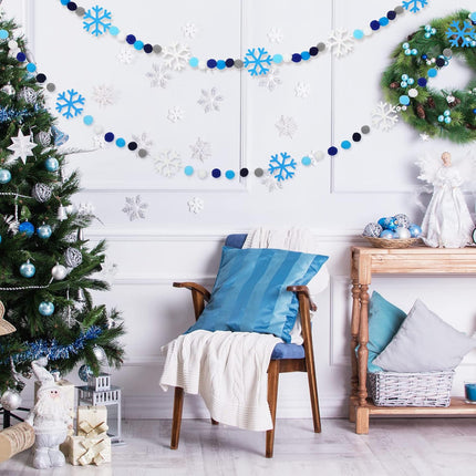 Whaline 8.2Ft Christmas Felt Ball Graland Winter Snowflake Cute Pom Pom Ball Snow Blue Flake Banner Xmas Tree Hanging Pom Bunting Garland for Winter Holiday Wonderland Party Mantel Wall Decor Supplies