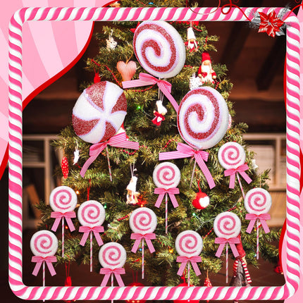 Wettarn 12 Pieces Christmas Tree Picks Christmas Candy and Lollipop Pick Striped Christmas Decorations Candy Tree Topper for Xmas Tree Craft Home Holiday Party Decor (Pink)
