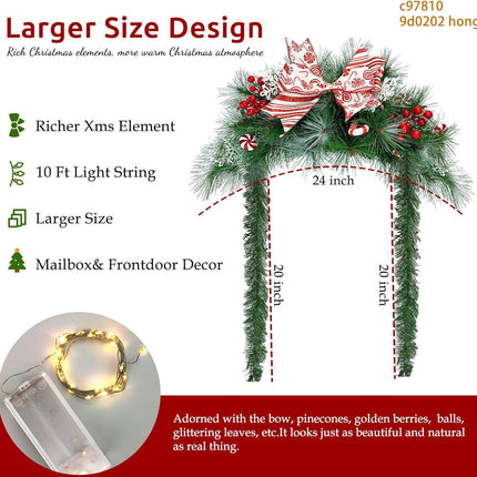 24 Inch Christmas Mailbox Swags with Lights, Battery Operated Prelit Artificial Christmas Arched Swags, Christmas Garland and Swags for Front Door Outdoor Mail Box Windows Decor