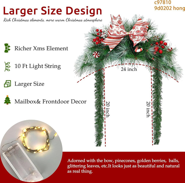 24 Inch Christmas Mailbox Swags with Lights, Battery Operated Prelit Artificial Christmas Arched Swags, Christmas Garland and Swags for Front Door Outdoor Mail Box Windows Decor