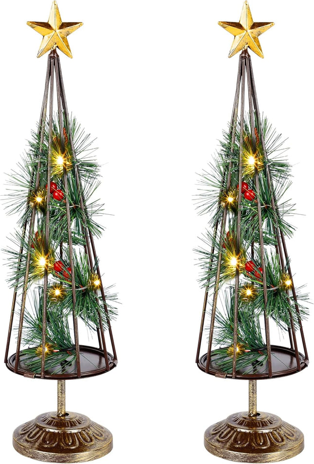 Glintoper Christmas Table Decorations, 2 Pack Lighted Xmas Tree with Golden Star, Battery Operated with LED Lights, Light Up Tabletop Xmas Tree for Holiday Party Desk Home Mantel Display Ornament